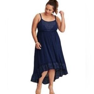 Torrid Hi-Lo Midi Summer Dress Women Sz 2(L/12) Navy Crinkle Textured Bohemian